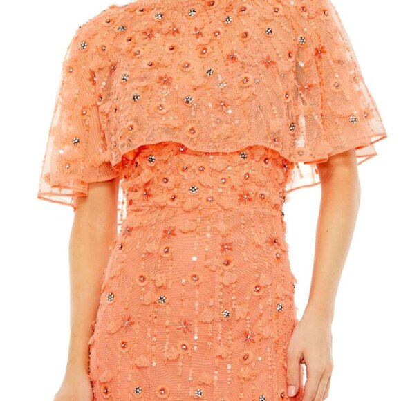 NWT $698 Mac Duggal 10 Embellished Cape Sleeve Trumpet Gown in Coral Oran… - Picture 2 of 12